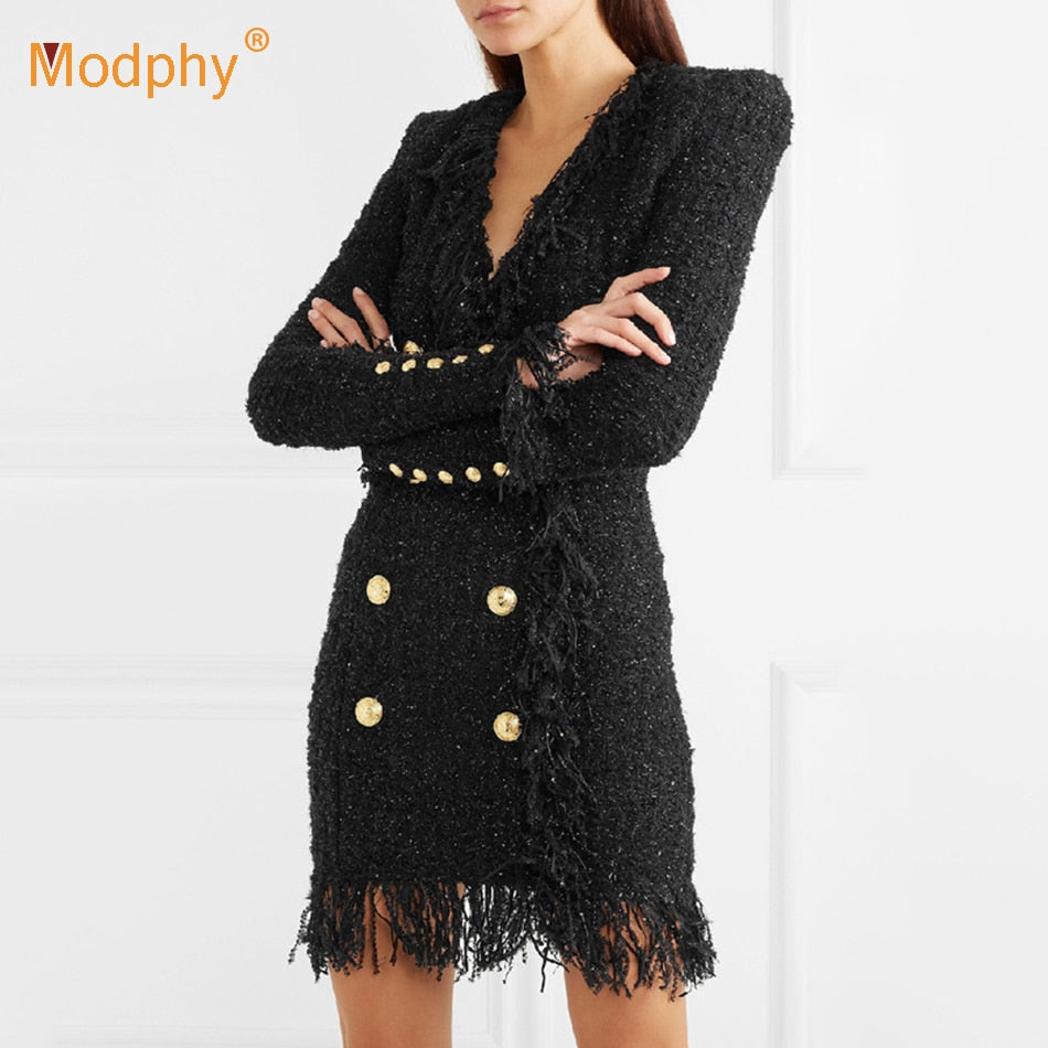 Autumn 2022 Women&#39;s Mini Bodycon Dress Sexy V-neck Long Sleeve Double-Breasted White Tweed Tassel Party Dresses Vestidos