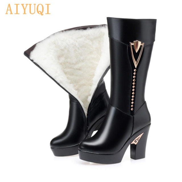 Women Long Shoes Platform High Heel 2022 New Winter Boots Women Cow Leather Thick Wool Fashion footwear with thick Heel