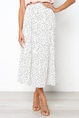 Rarove White Dots Floral Print Pleated Midi Skirt Women Elastic High Waist Side Pockets Skirts Summer 2022 Elegant Female Bottom