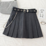 Black Pleated Skirt With Chain-Belt Punk Rock Girl Cheerleading Belted Mini Skirt Alt Women e-girl Outfit