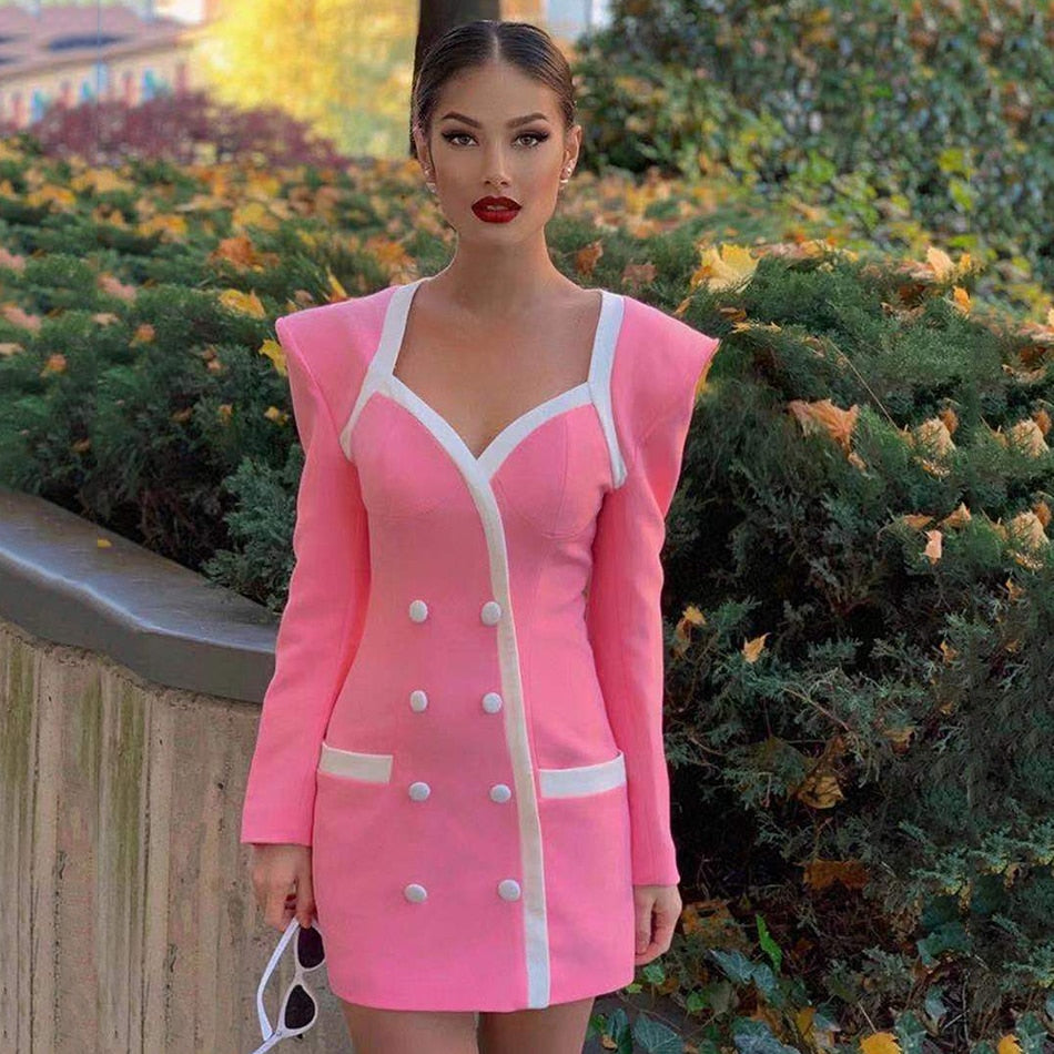 Sexy Pink Formal Dress Office Lady Women Double Breasted Slim Mini Dress Celebrity Evening Party Autumn New Dress 2022 Female