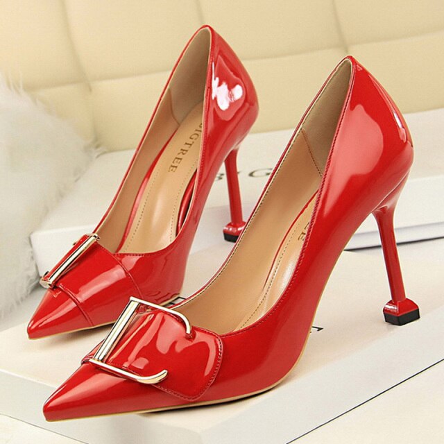 Woman Pumps Patent Leather High Heels Red Women Heels Stiletto Female Shoes Metal Wedding Shoes Sexy Party Shoes