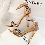 Rarove Color Rivets Women Sandals Roman Style Heeled Sandals Hollow Out High Heels Stiletto Sexy Party Shoes Sandals