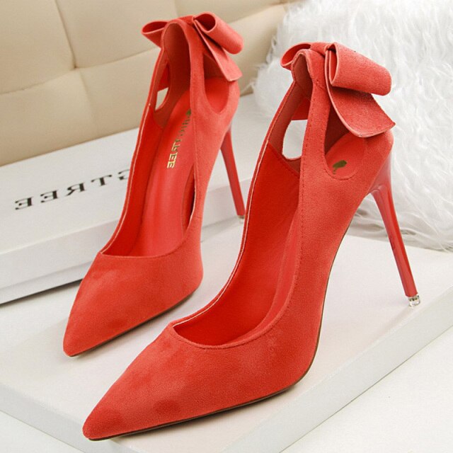 Rarove Sweet High Heels Hot Suede Women Shoes Bow-knot Pumps Women Stiletto Flock Shoes Women Heels Wedding Shoes