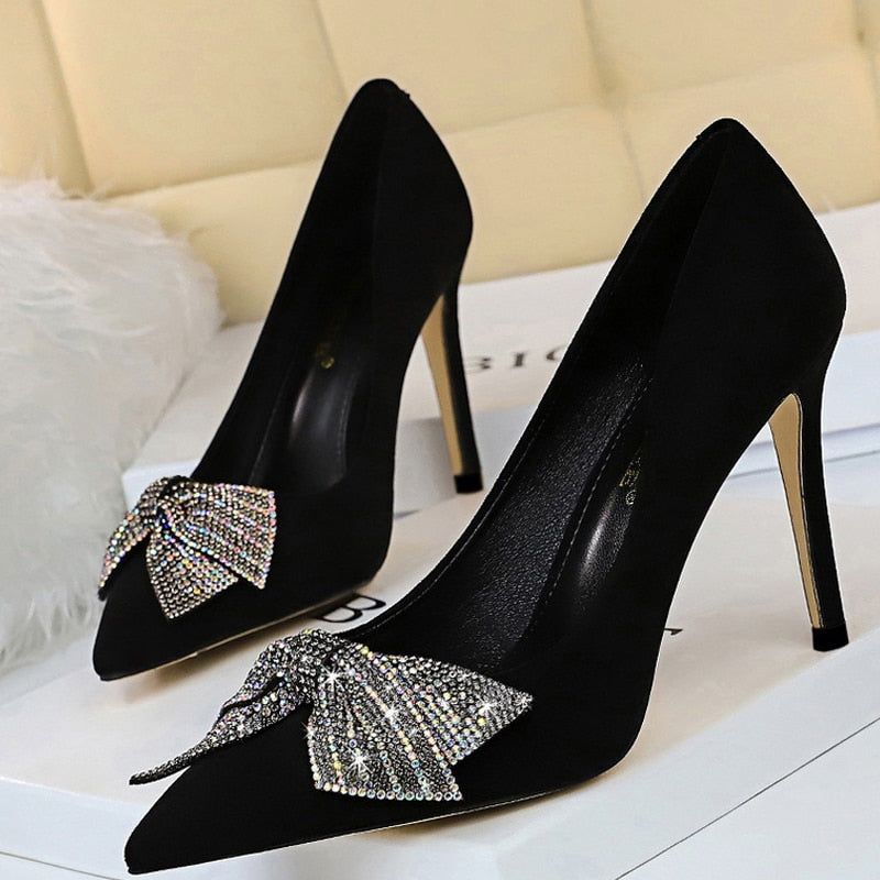 RAROVE, Valentine's Day gift Bowknot Woman Pumps Rhinestone Women Heels Suede Women Shoes Sexy Party Shoes High Heels Female Shoes Black Heels