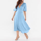 Elegant Satin Slik Party Dress 2022 Celmia Women's Sexy Deep V-Neck Short Sleeve Summer Long Sundress Casual High Waist Vestidos