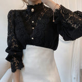 New 2022 Sweet Hollow Out Lace Patchwork Women Blouse Chic Button White Top Petal Sleeve Flower Stand Collar Shirt Blusas 12419