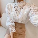 New 2022 Sweet Hollow Out Lace Patchwork Women Blouse Chic Button White Top Petal Sleeve Flower Stand Collar Shirt Blusas 12419