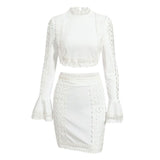 Rarove 2022 Autumn New Lace White Bodycon Set Sexy O-Neck Long Sleeve Hollow Short Top + Mini Skirt Party Club 2 Two-Piece Suit