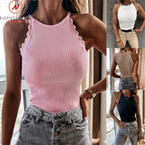 Sexy Women Summer Solid Color Tanks Patchwork Design Lace Decor O-Neck Sleeveless Slim Chest Enlargement Top