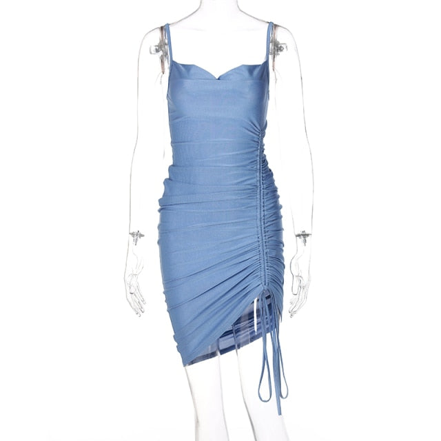 Pure Color Strap Midi Dress Drawstring Ruched Bodycon Sexy Streetwear Party Club Elegant 2022 Summer Women Clothes Y2K