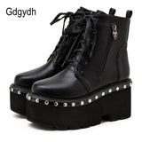 Thick Heel Ankle Boots Lace Up Chunky Boots Women High Heels Autumn Winter Retro Rivet Black Gothic Platform Shoes Zipper