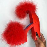 Rarove Woman Furry Sandals High Heels with Fur Female Platform Pumps Women Ankle Strap Women's Wedge Shoes Summer