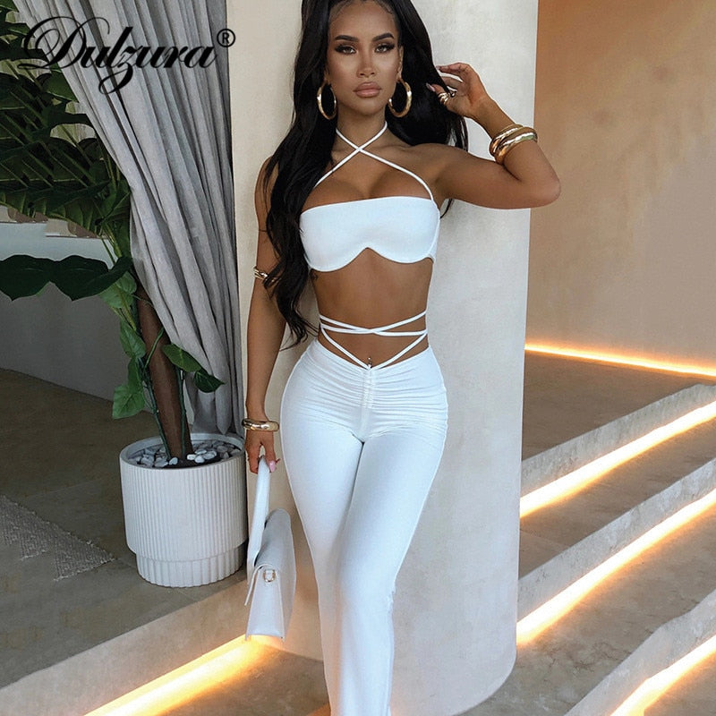 2022 Summer Women 2 Pieces Halter Crop Top Lace Up Ruched Pants Set Bodycon Sexy Streetwear Sporty Tracksuit Outfit