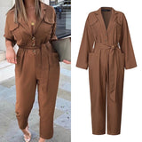 Celmia Fashion Jumpsuits Women Elegant Suit Collar Long Sleeve Rompers  Casual Solid Cargo Pants Pockets Work Overalls