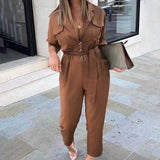 Celmia Fashion Jumpsuits Women Elegant Suit Collar Long Sleeve Rompers  Casual Solid Cargo Pants Pockets Work Overalls