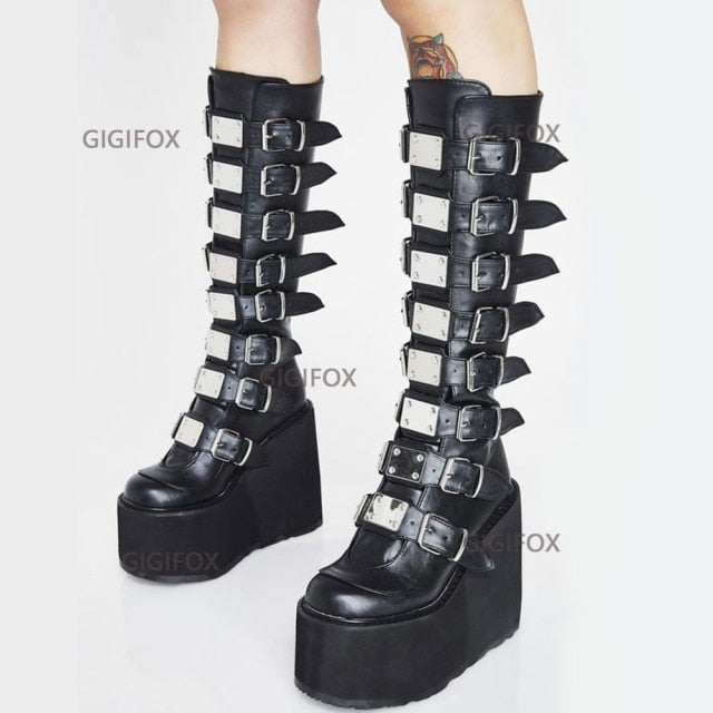 Rarove Christmas Gift Brand Design Big Size 43 Black Gothic Style Cool Punk Motorcycles Boots Female Platform Wedges High Heels Calf Boots Women Shoes
