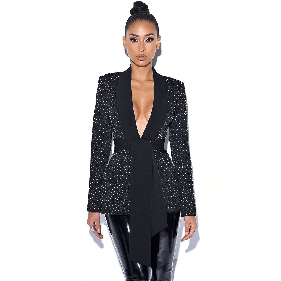 Rarove Autumn Fashion Women Black Slim Jacket V-neck Long Sleeve Crystal Lace-Up Celebrity Runway Party Coat New Clothing