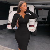 Ribbed Knitted Women Pure Midi Dress Solid Long Sleeve Buttons Bodycon Sexy Party Elegant 2022 Autumn Winter Club