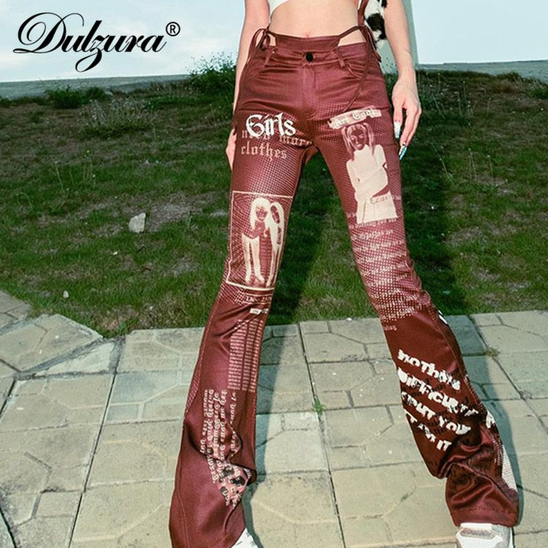 2022 Summer Women Letter Print High Wiast Lace Up Flare Pants Streetwear Fashion Vintage Bell Trousers Bottoms Y2K