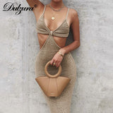 Ribbed Knitted Women Pure Strap Midi Dress Hollow Out Bodycon Sexy Streetwear Party Club Festival 2022 Spring Summer