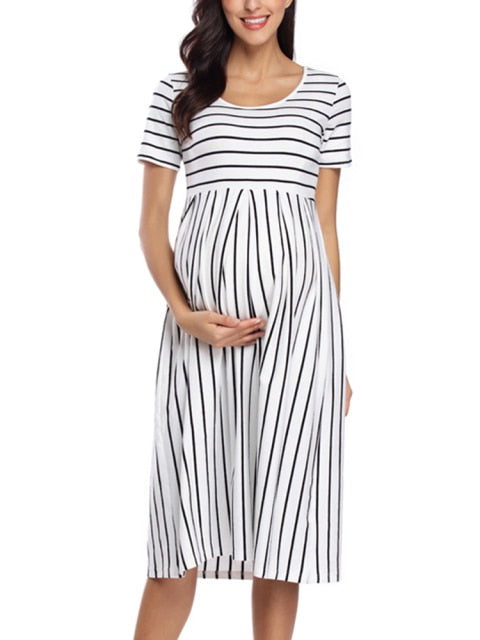 RAROVE Women Summer Casual Striped Maternity Dresses Clothes Short Sleeve Knee Length Pregnancy Dress Session Pleated Baby Shower  Pink