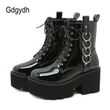 Sexy Belt Buckle Women Platform Ankle Boots Pantent Leather Autumn Winter Lace Up Booties Chunky Heel Dark Blackness New