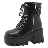 Lace Up Platform Boots Women Black Gothic Ankle Boots For Women Belt Buckle Strap Side Zipper Rubber Sole High Quality