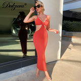 Pure Women Strap Midi Dress Hollow Out Backless Patchwork Slim Bodycon Sexy Streetwear Party Elegant Club 2022 Summer