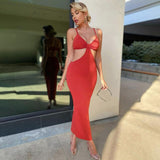 Pure Women Strap Midi Dress Hollow Out Backless Patchwork Slim Bodycon Sexy Streetwear Party Elegant Club 2022 Summer