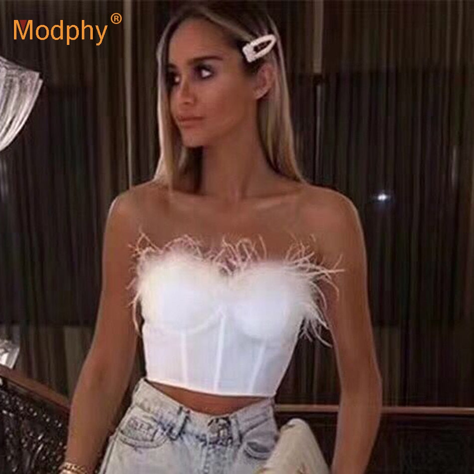2022 New Summer High Quality Fashion Feather Strapless Black And White Bandage Top Night Club Short Top