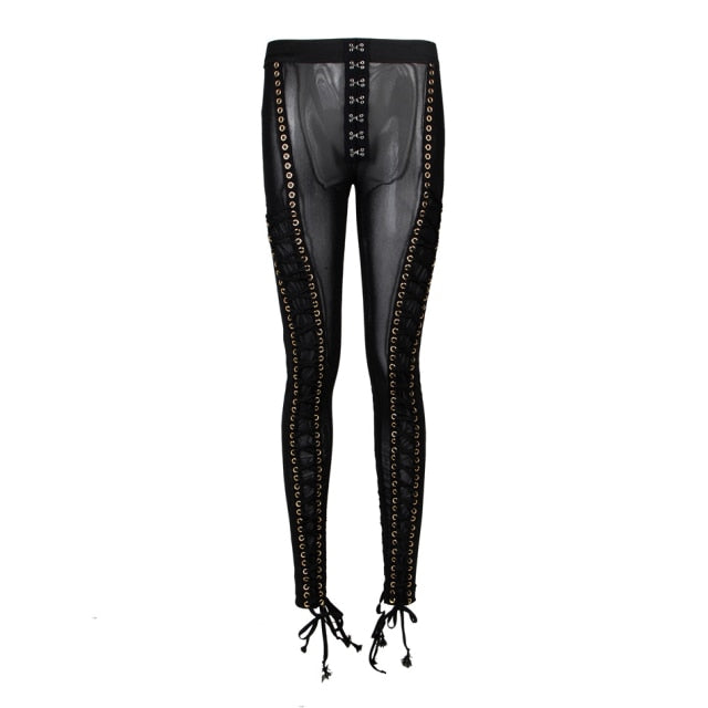 Sexy mesh perspective pencil pants 2022 new high waist Single-breasted Bodycon lace-up trousers