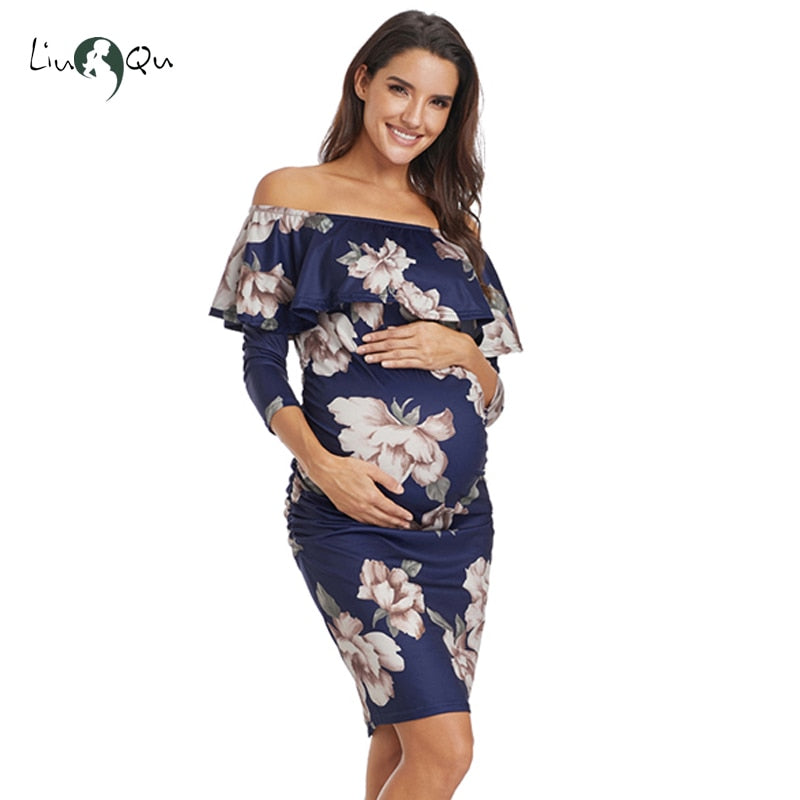 Women's Ruffle Off Shoulder Maternity Dress Women Dress Ruffles Pregnancy Clothes Ruched Sides Knee Length Bodycon Dresses