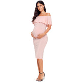 Women's Ruffle Off Shoulder Maternity Dress Women Dress Ruffles Pregnancy Clothes Ruched Sides Knee Length Bodycon Dresses