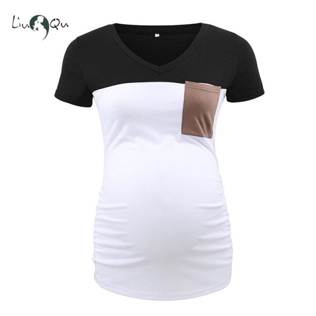 Women's Casual Maternity Tops Clothes Comfort Short Sleeve V Neck Pink Color block Pregnancy T-Shirt Pocket Mama Pregnant Tee