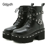 Design Rivet High Heel Ankle Boots With Buckle Ladies Platform Chunky Shoes Gothic Heel Boots Women Leather Big Size