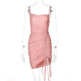 Pure Color Strap Midi Dress Drawstring Ruched Bodycon Sexy Streetwear Party Club Elegant 2022 Summer Women Clothes Y2K