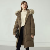 Hooded Fur Long Down Coat Women Belt Wram Puffer Winter Coat Female Light Feather Oversized Casual Jacket Overcoat