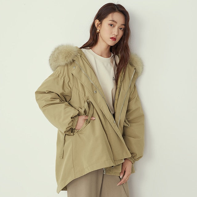 Hooded Casual Oversized Down Jacket Women Real Fur Collar Wram Winter Coat Female Pleated Feather Down Parka Overcoat