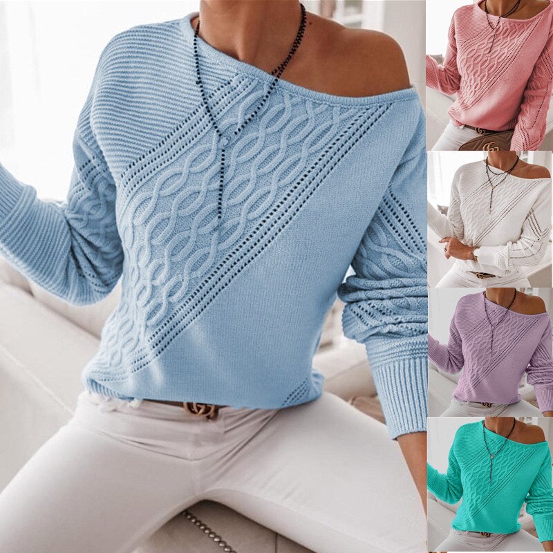 Fashion Women Solid Color Sweaters Hollow Out Design See Through O-Neck Long Sleeve Spring Autumn Casual Loose Knitted Top