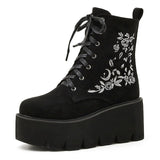 Rarove Retro Gothic Style Embroidered Flower Boots Women Platform Wedge Black Suede Heel Thick Bottom Ankle Boots With Zipper