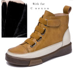 Women winter Shoes Flat Genuine Leather 2022 Antique  Color Matching Front Tie Ladies Boots Trend Girl Student Shoes