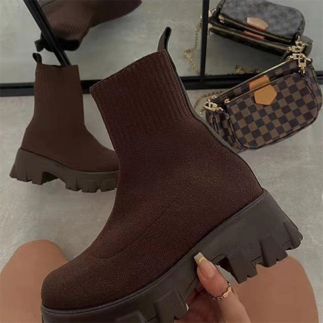 Rarove Women Boots Slip On Western Ankle Boots Platform Knitted Ladies Autumn Socks Boots for Women Fashion Female Booties 2022