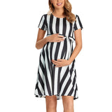 Summer Women Elegant Maternity Dress Summer Short Sleeve Tie  Striped Pregnancy Casual Midi Flowy Loose Belt Dress with Pockets