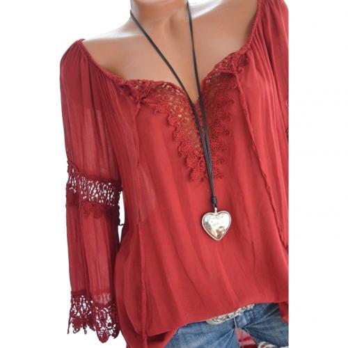 Rarove Autumn Elegant Hollow Lace Stitching Solid Color Women Long Sleeve Shirt Top Plus Size Casual Women Blouses Women Tops