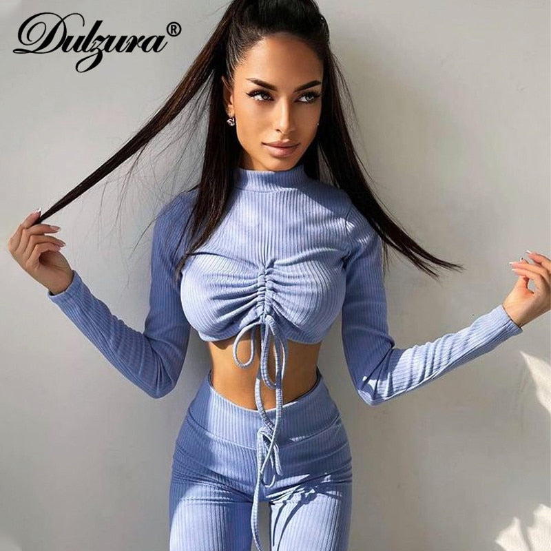 Rarove 2022 Autumn Winter Women Ribbed 2 Pieces Lace Up Drawstring Long Sleeve Crop Top Leggings Set Tracksuit Outfit Sporty