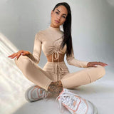 Rarove 2022 Autumn Winter Women Ribbed 2 Pieces Lace Up Drawstring Long Sleeve Crop Top Leggings Set Tracksuit Outfit Sporty