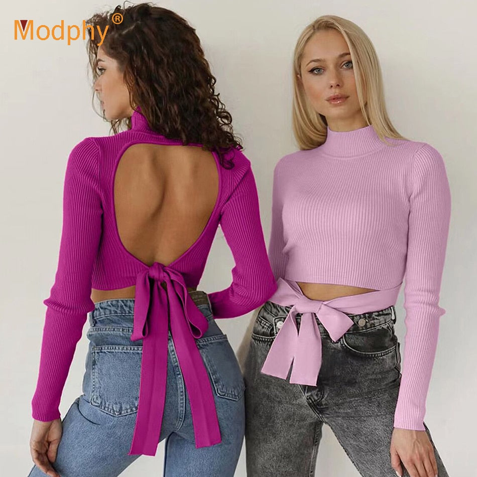 Autumn Women&#39;s Knitted Turtleneck Short Sweater Sexy Backless Lace-up Hollow Bodycon Slim Pullover Female Top 2022 Fashion New