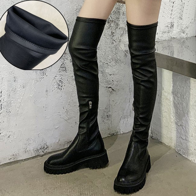 Christmas Gift Brand Design Skidproof Sole Cosy Chunky Heels Fashion Stylish Leisure Cool Add Fur Winter Over The Knee High Boots Shoes Women