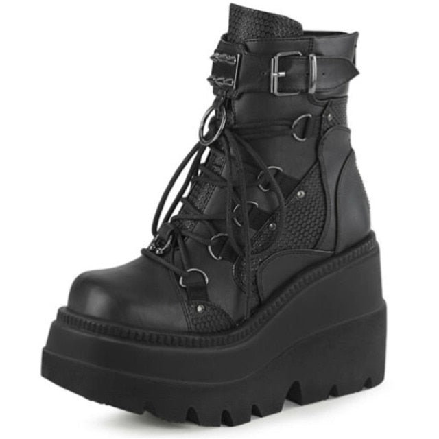 Christmas Gift KarinLuna Brand Design Black Gothic Style High Heels Black Front Zipper Ankle Platform Boots Street Cool Woman Wedges Shoes